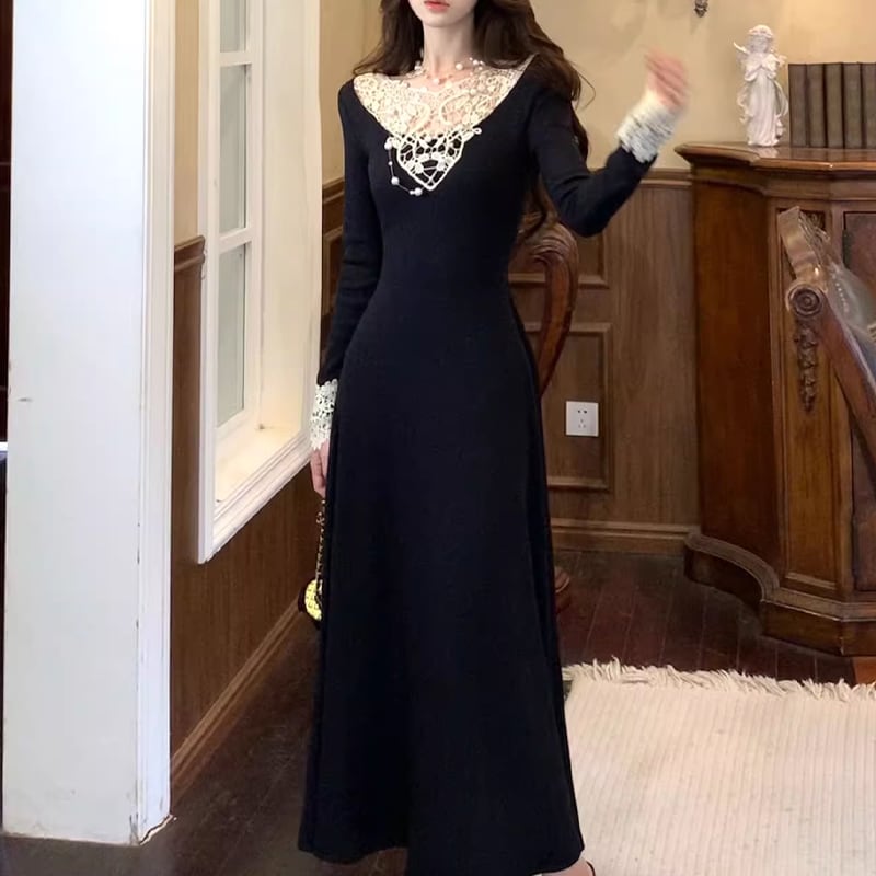 【dress】レースドッキングニットワンピース Q6862