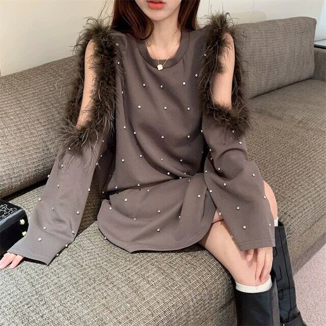 【tops】エコファー肩開きビジューパーカーF6187