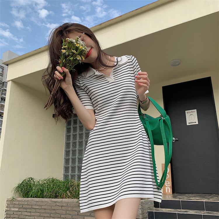 【dress】韓国風スウィートVネック着痩せストライプ柄ニットワンピース G0210