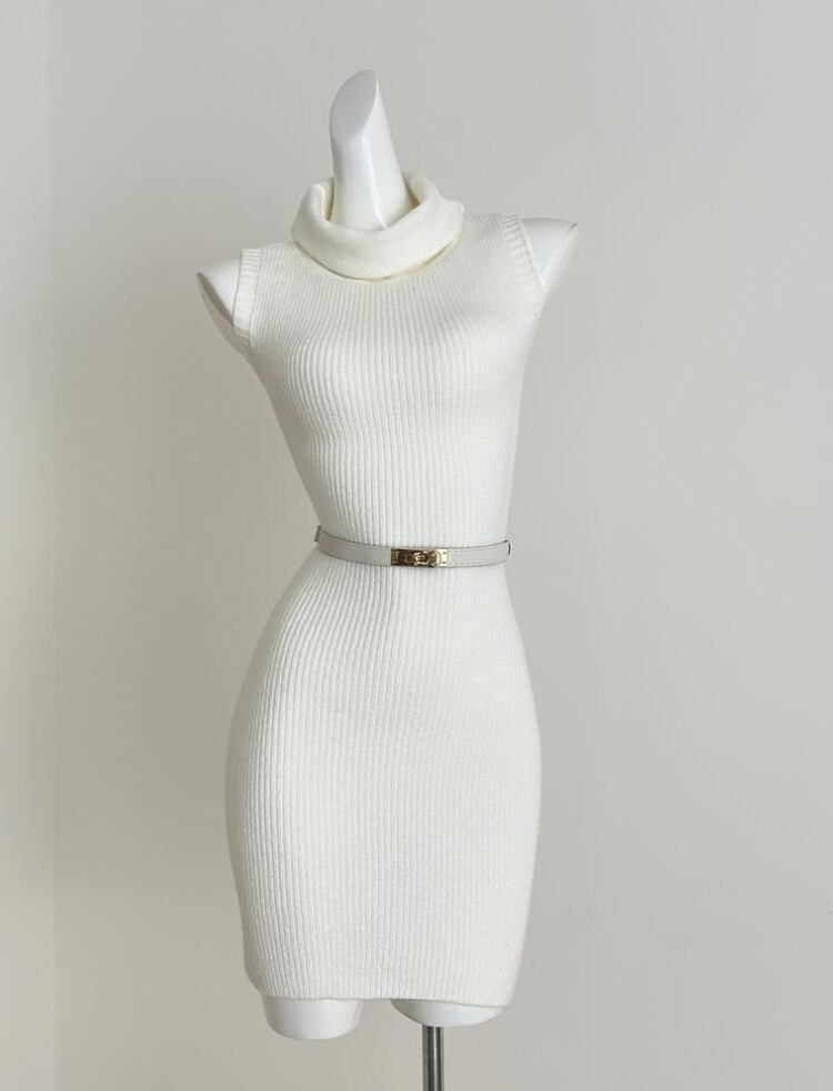 【dress】ベルト付きハイネックノースリーブニットワンピース Q7640