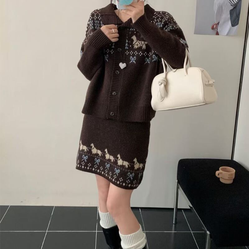 【set】ジャカードニットカーディガン×ストレートスカートセット Q7914