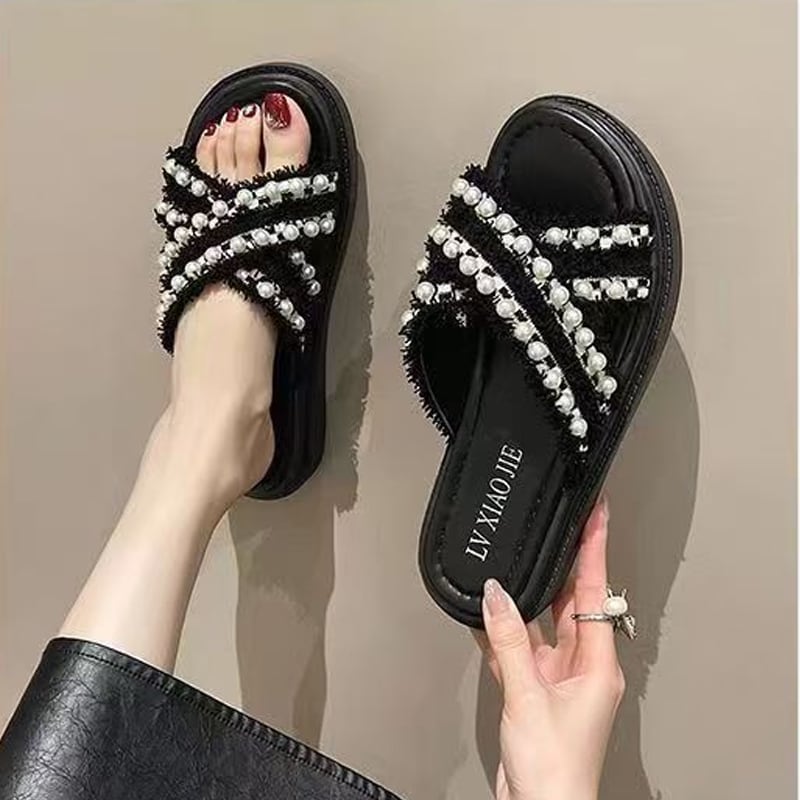 【Shoes】パール付きサンダル Q8427