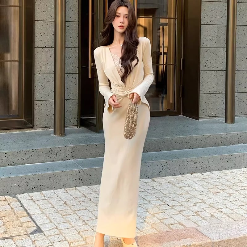 【dress】レースドッキングロングワンピース Q7596