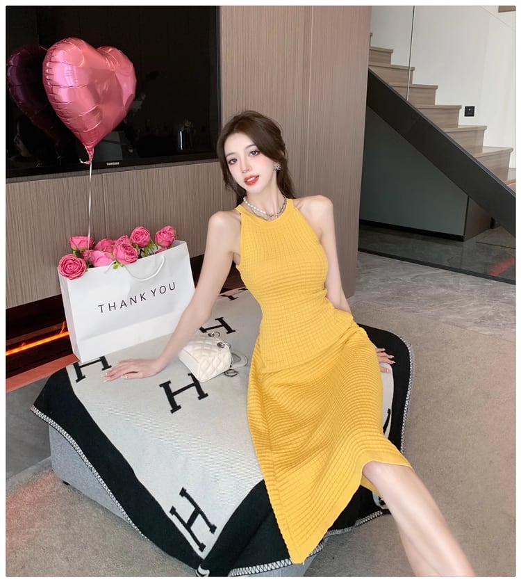 【dress】ホルターネックAラインニットワンピースF7458