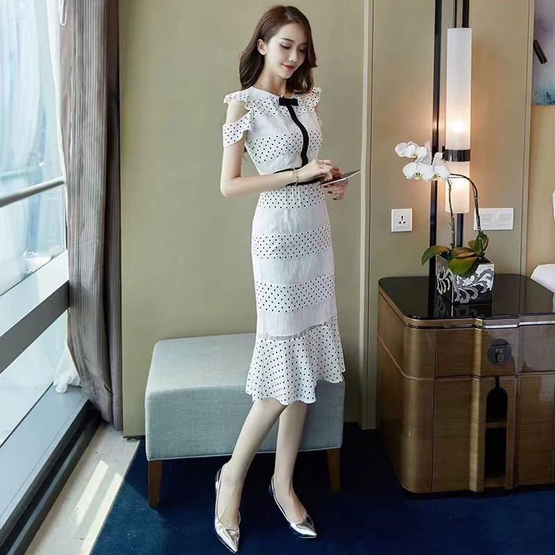 【dress】清新合わせやすいラウンドネック半袖肩開きウェスト絞りドット柄メッシュ切り替えマーメイドワンピースF2629