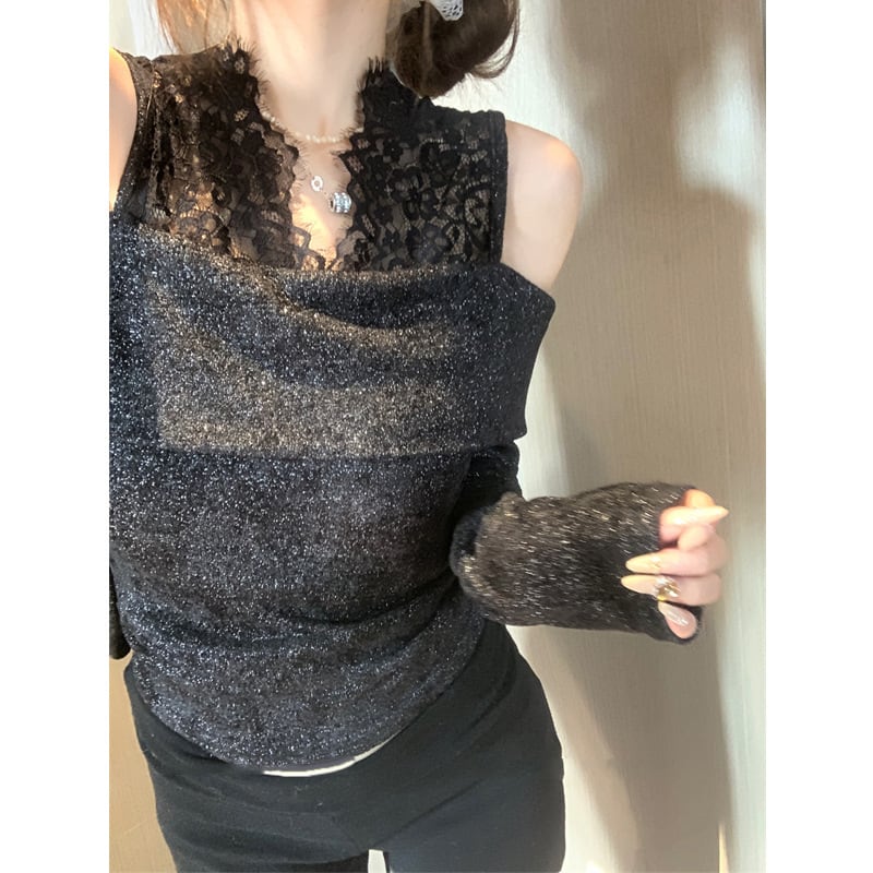 【tops】レースドッキングニットトップス　M28436