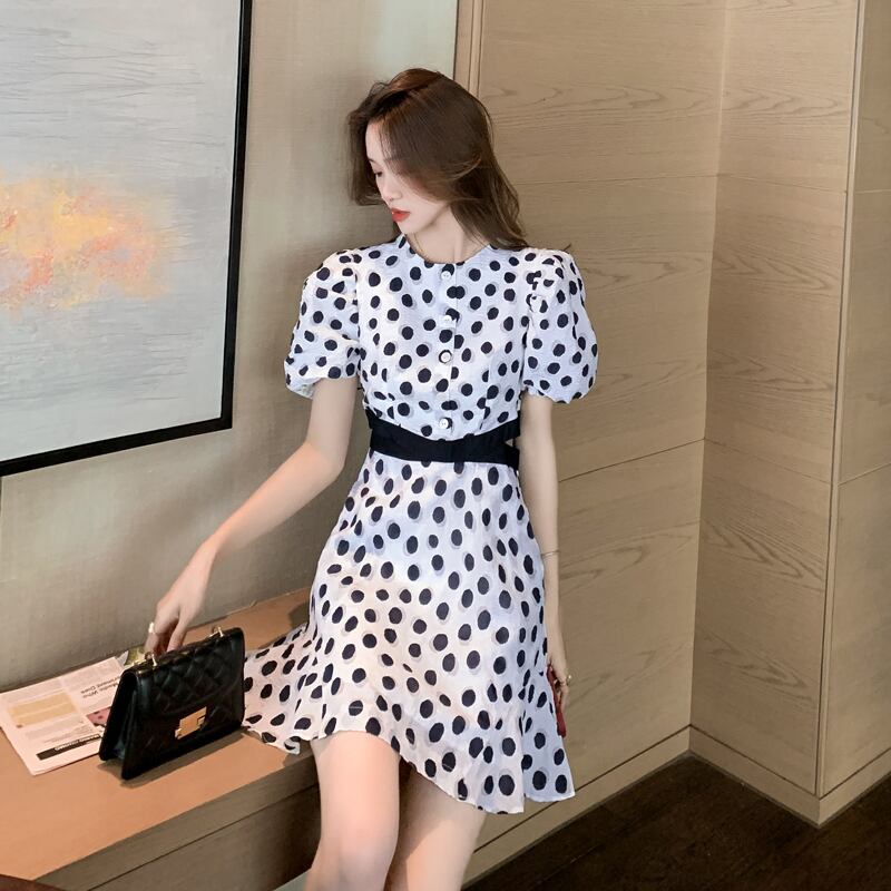 【dress】高級感好感度UP!気質満点パフスリーブドット柄透かし彫りワンピース G0257