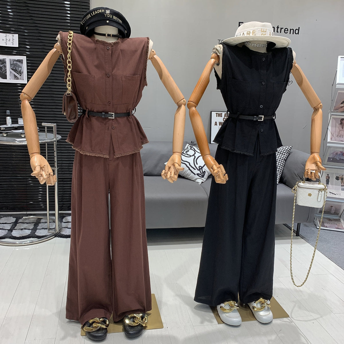 【set】ノースリーブトップス+ワイドパンツセットベルト付き　M24993