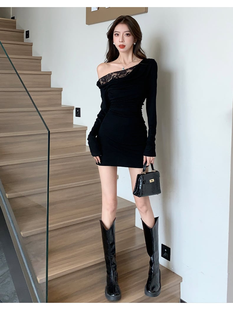 【dress】オフショルダーレース切り替えワンピース　M27768