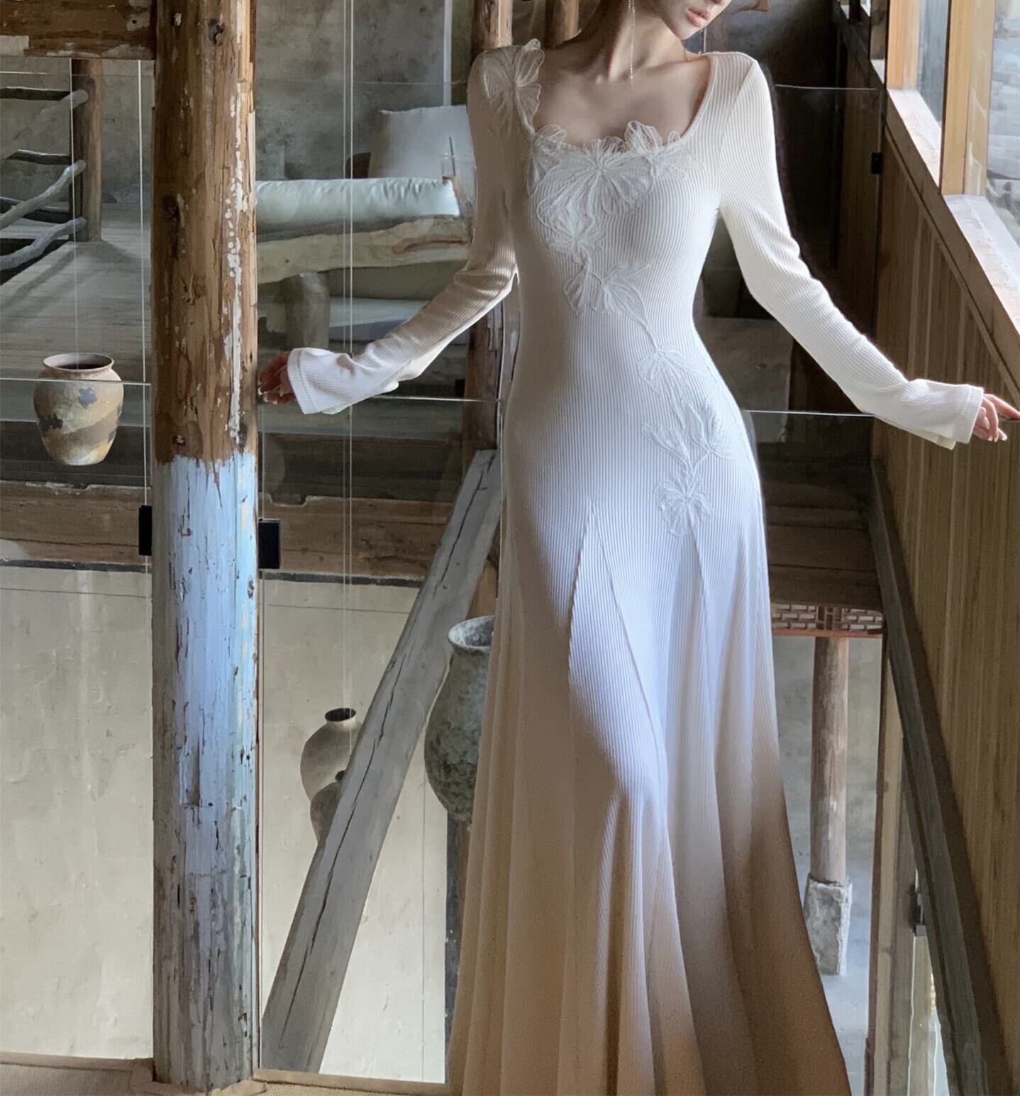 【dress】レーストリミングニットワンピース　N3465
