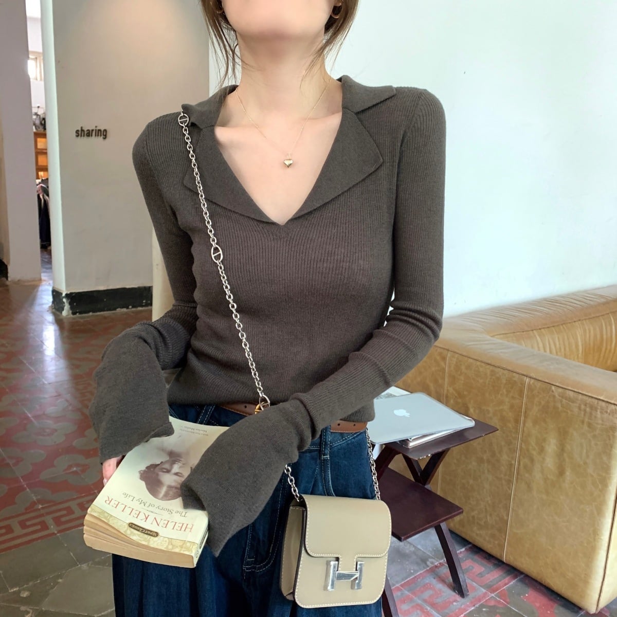 【tops】POLOネックニットトップス　M18950