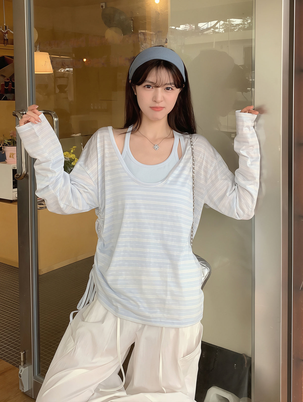 【set】ボーダー柄トップス×キャミソールセット Q8862