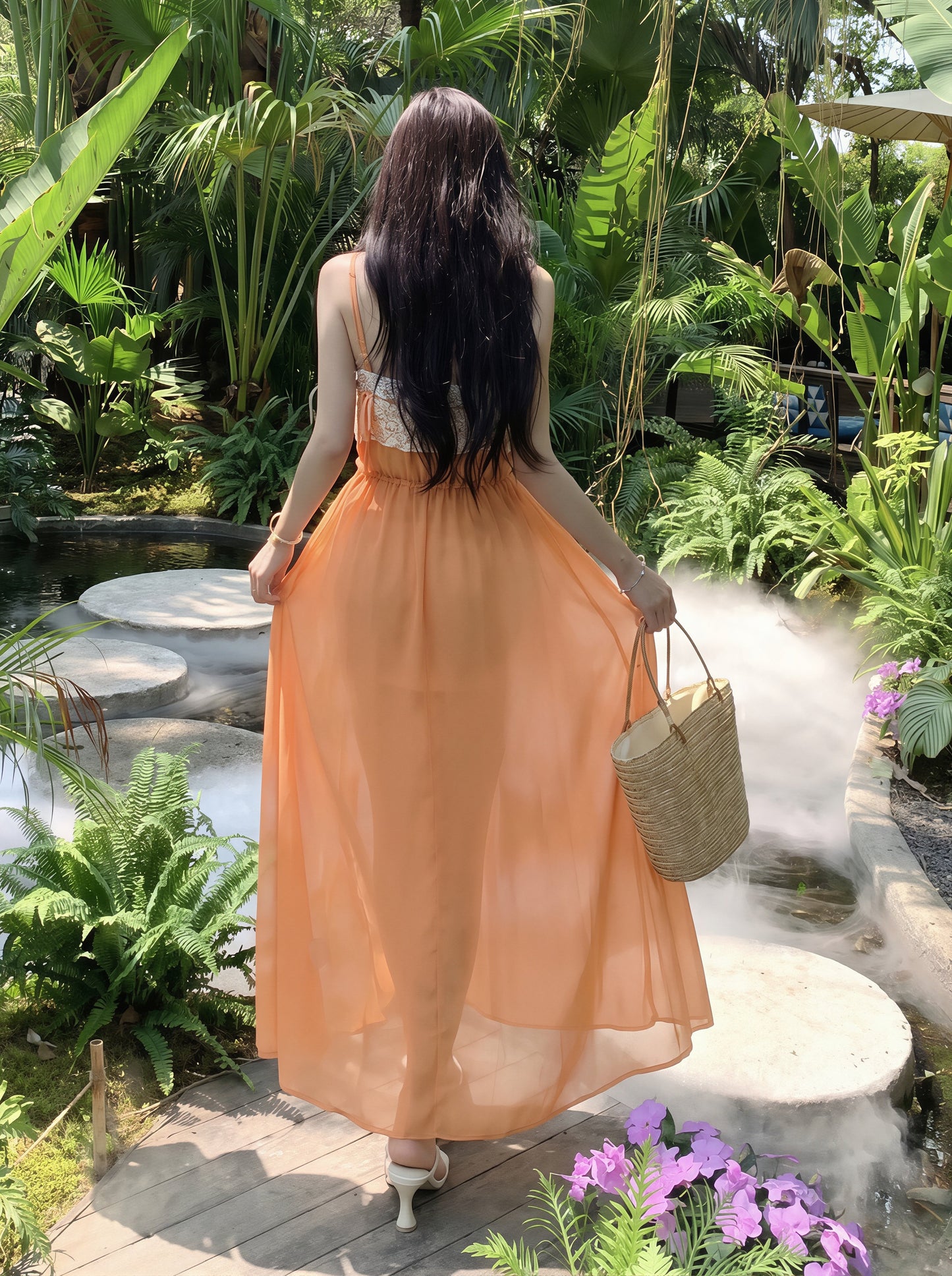 【dress】レースドッキングシフォンロングキャミワンピース Q8781