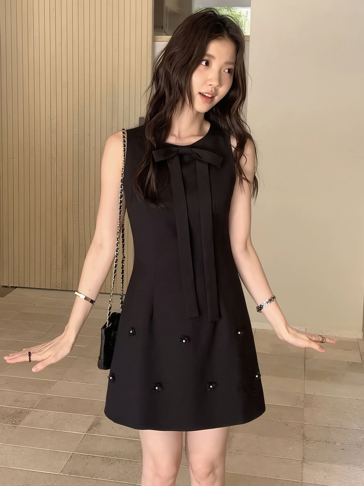 【dress】リボン付きノースリーブワンピース Q8774