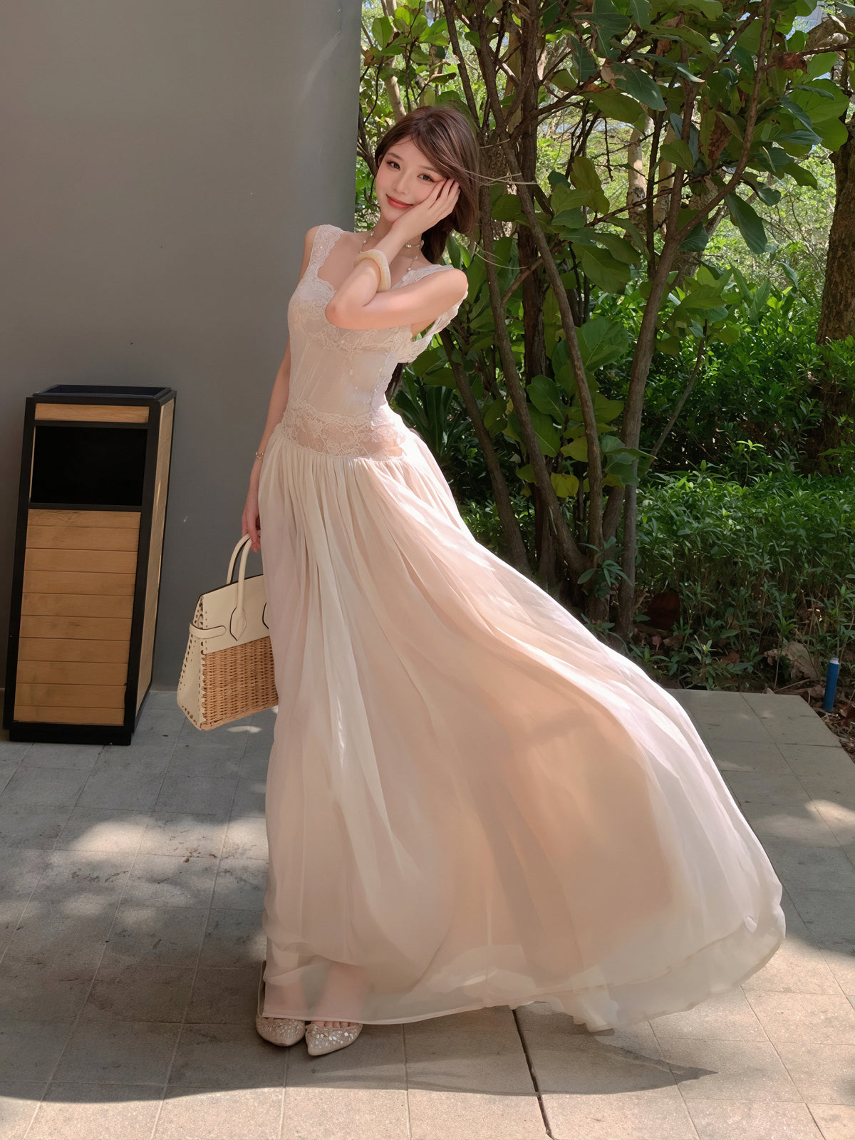 【dress】レースドッキングチュールロングワンピース Q8854