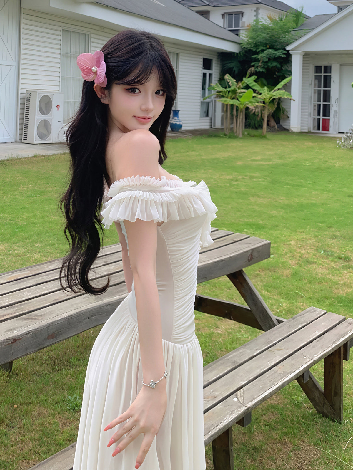 【dress】オフショルダーシアーチュールロングワンピース Q8850