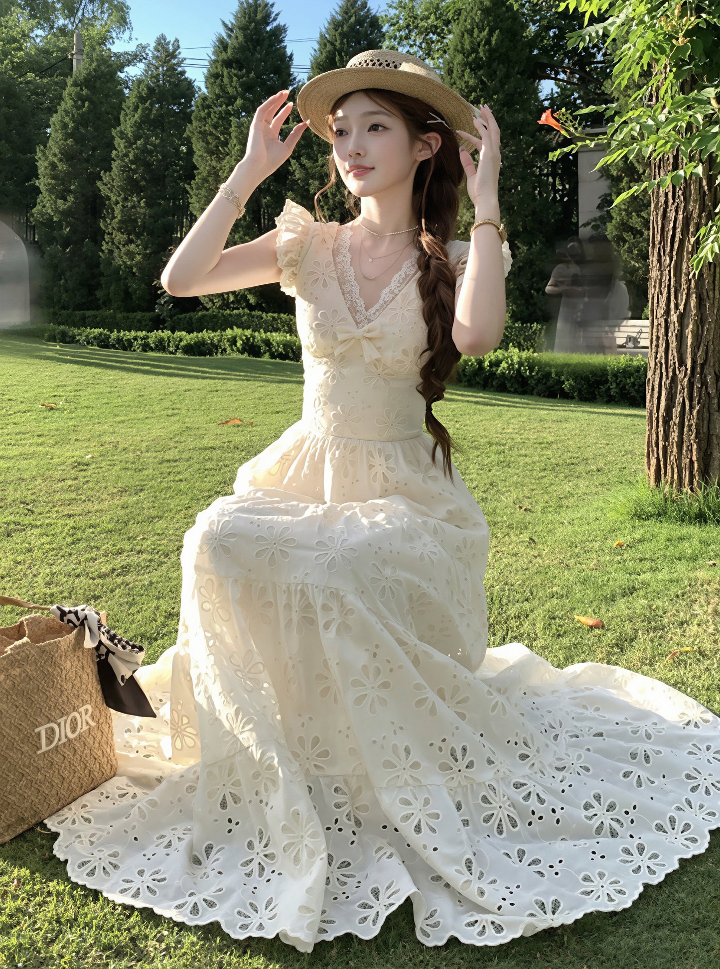 【dress】フラッタースリーブロングレースワンピース Q8819