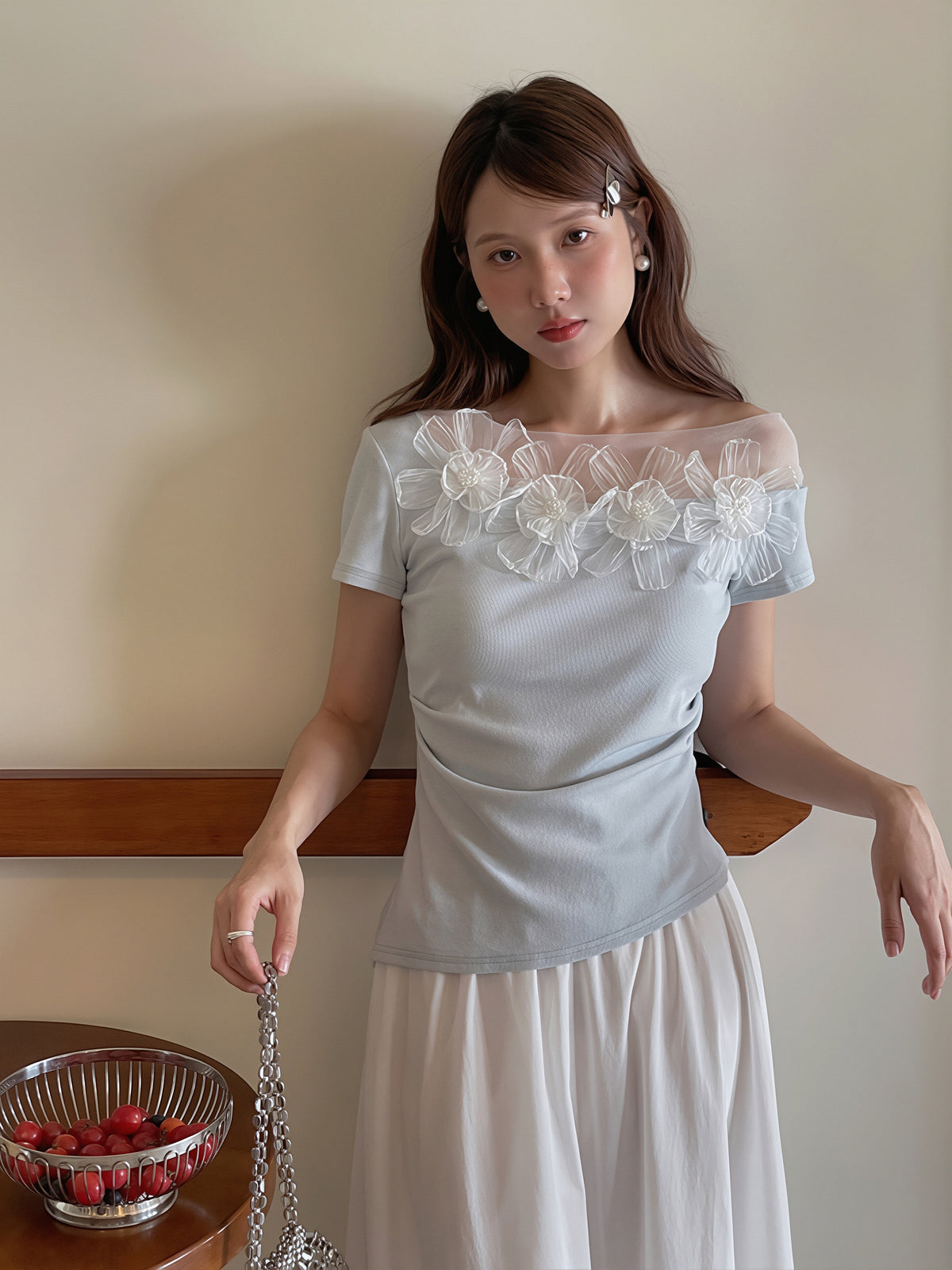 【tops】立体フラワー付きチュールドッキングトップス Q8807