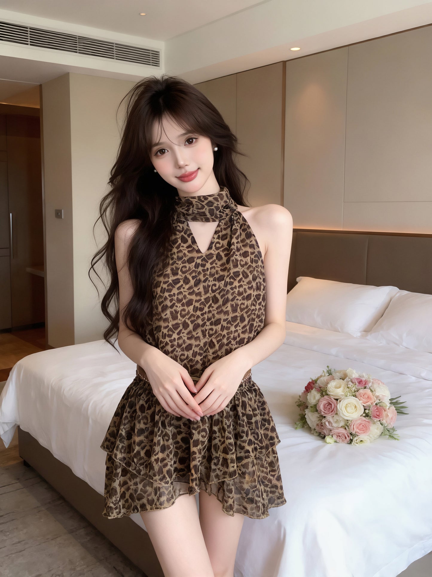 【dress】ノースリーブヒョウ柄ワンピース Q8897