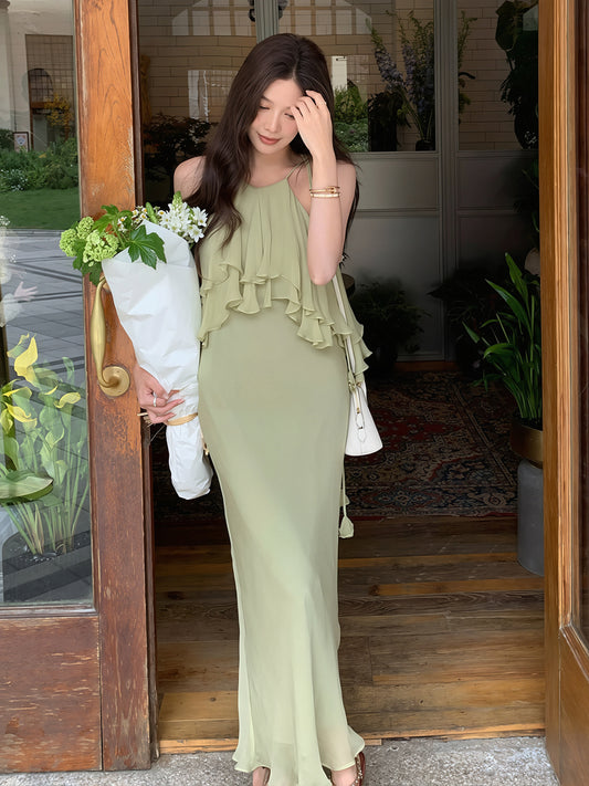 【dress】ホルターネックフリルロングワンピース Q8870