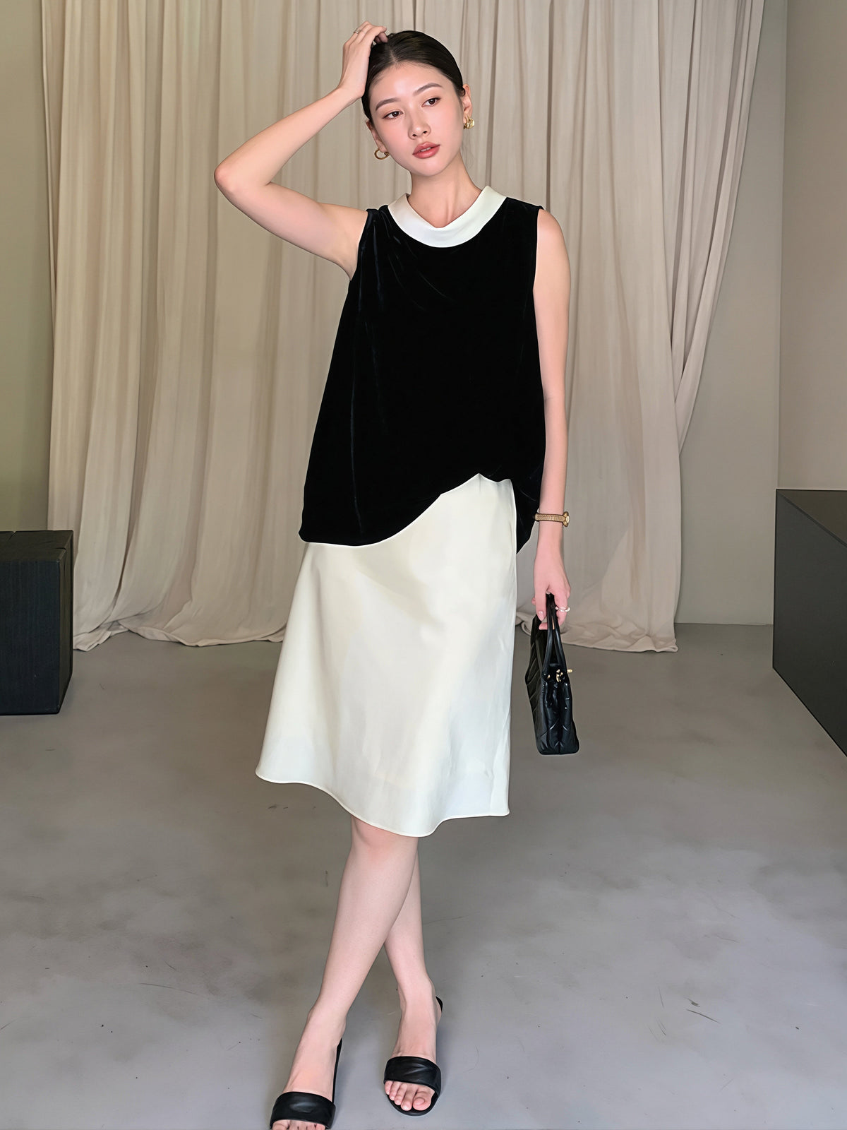 【tops】ベルベットノースリーブ配色トップス Q8751