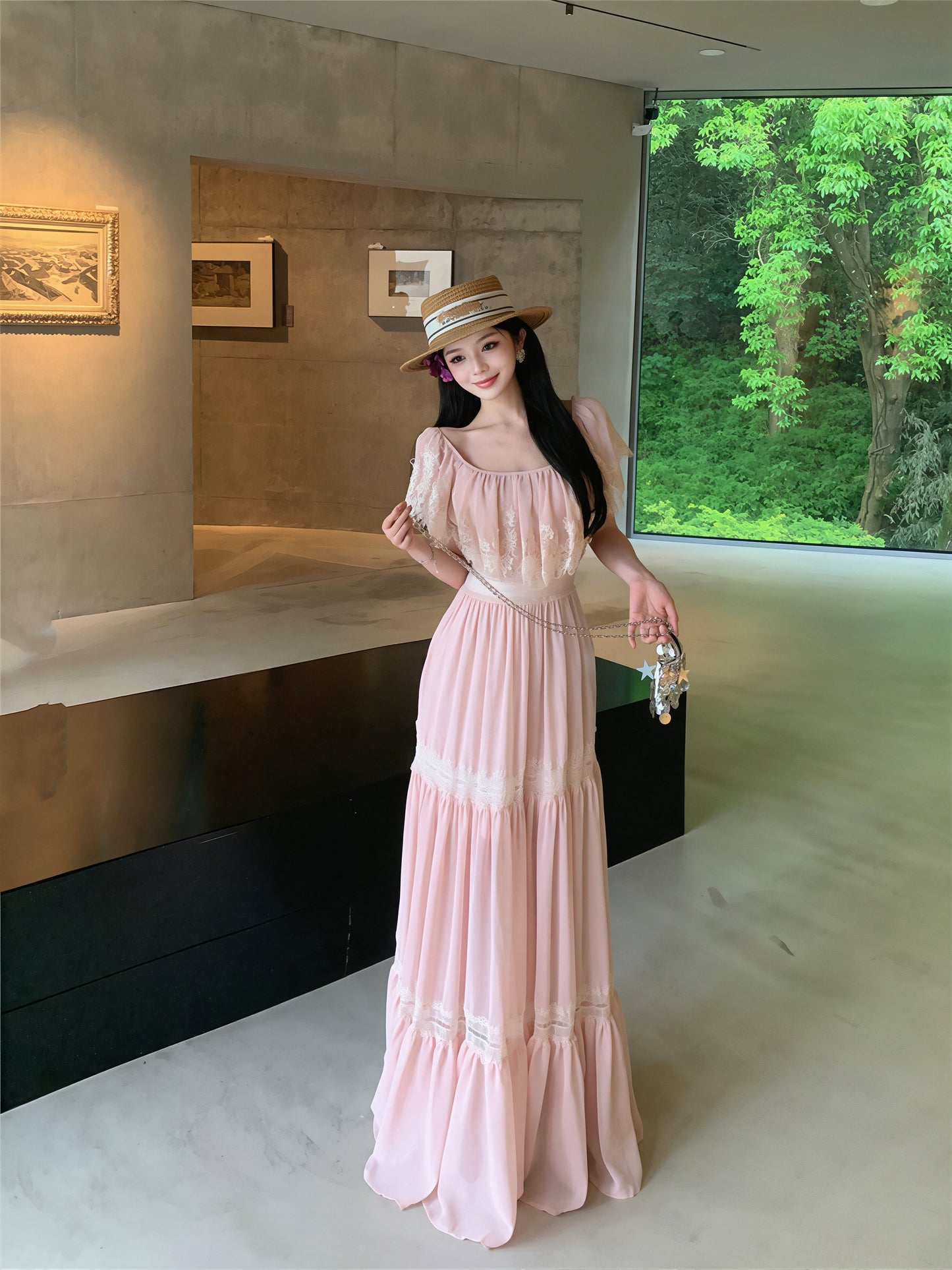 【dress】レースドッキングロングワンピース Q8717