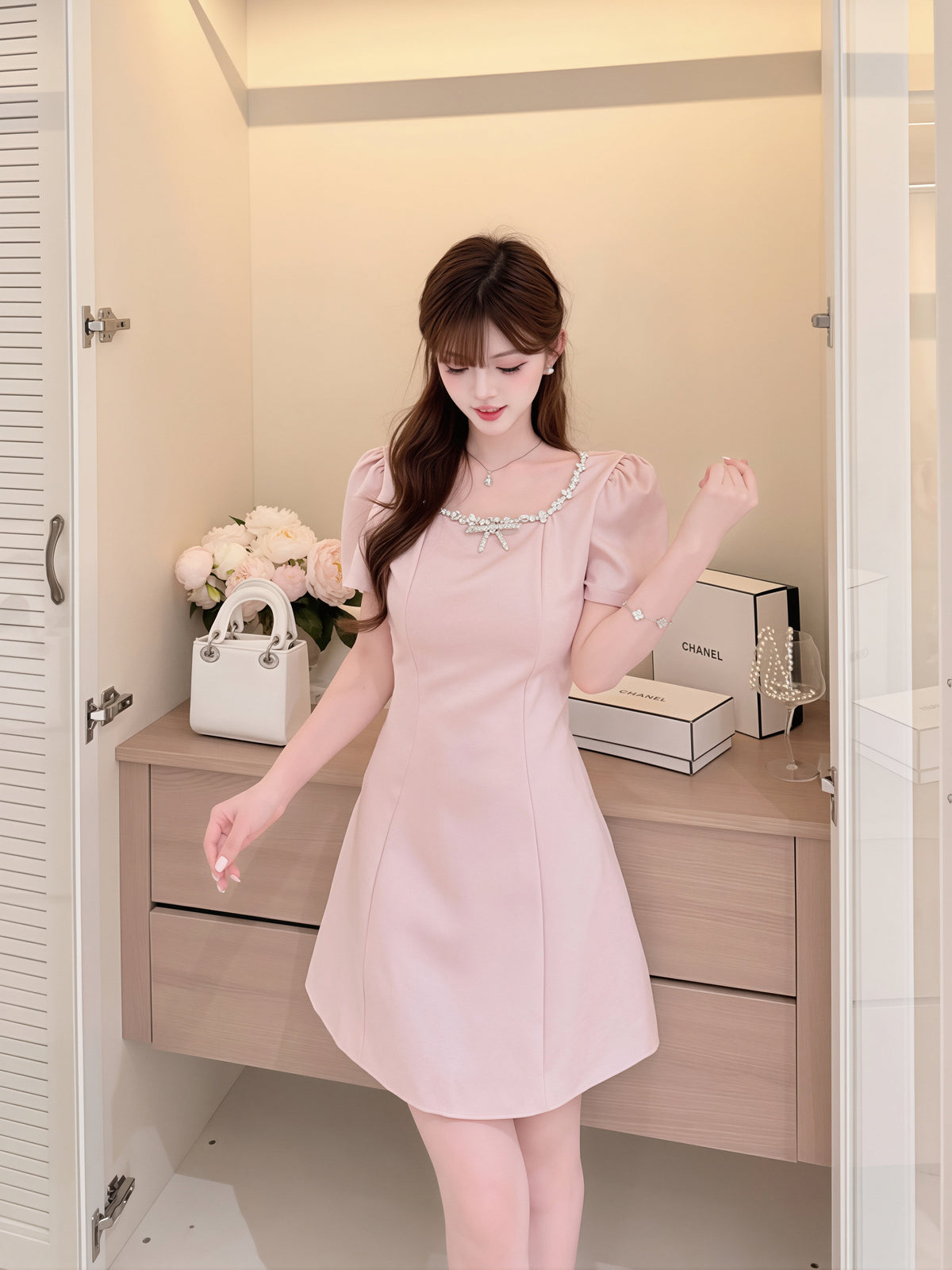 【dress】ラインストーンAラインワンピース Q8760