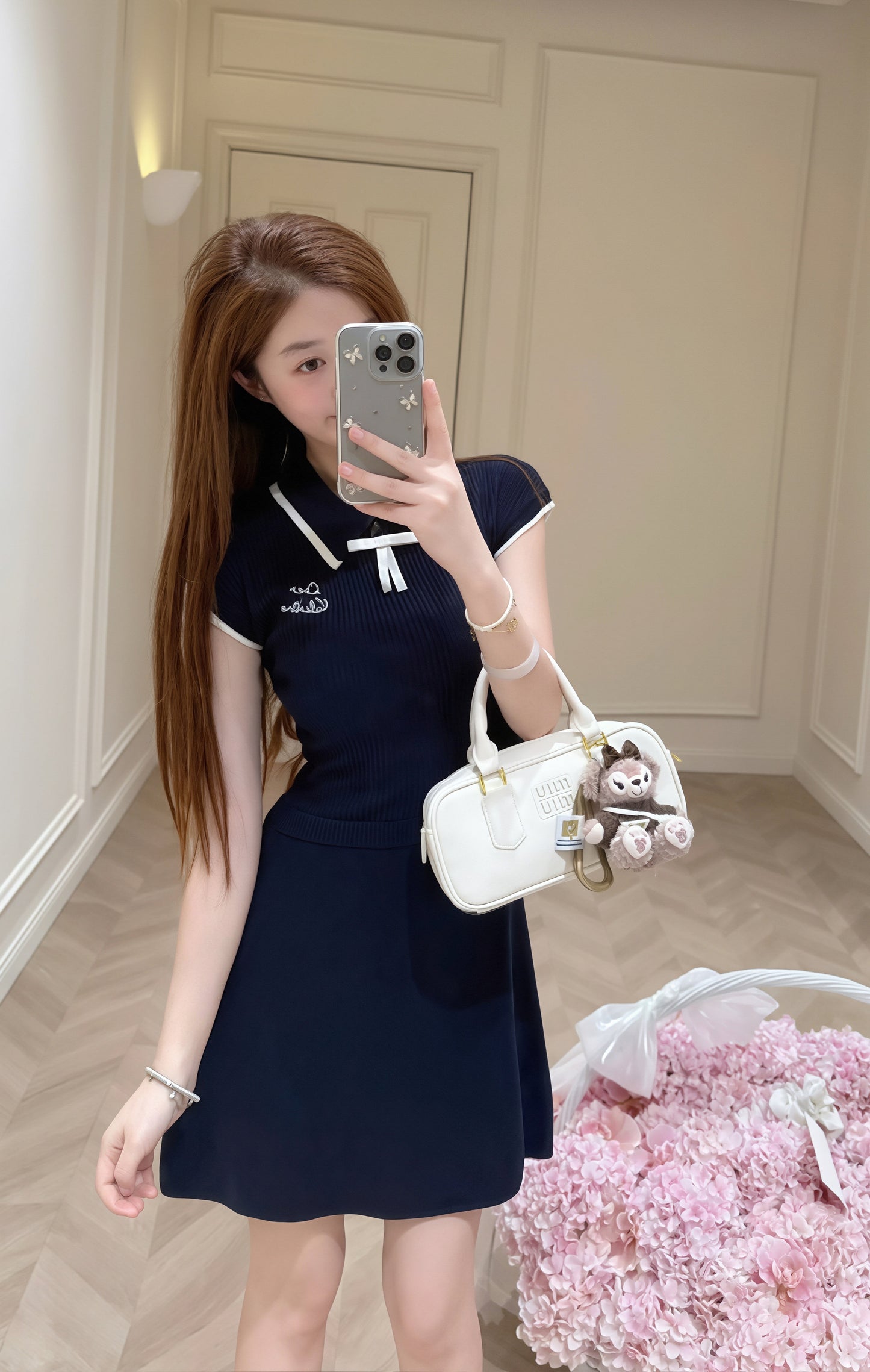 【dress】リボン付き折り襟ワンピース Q8758