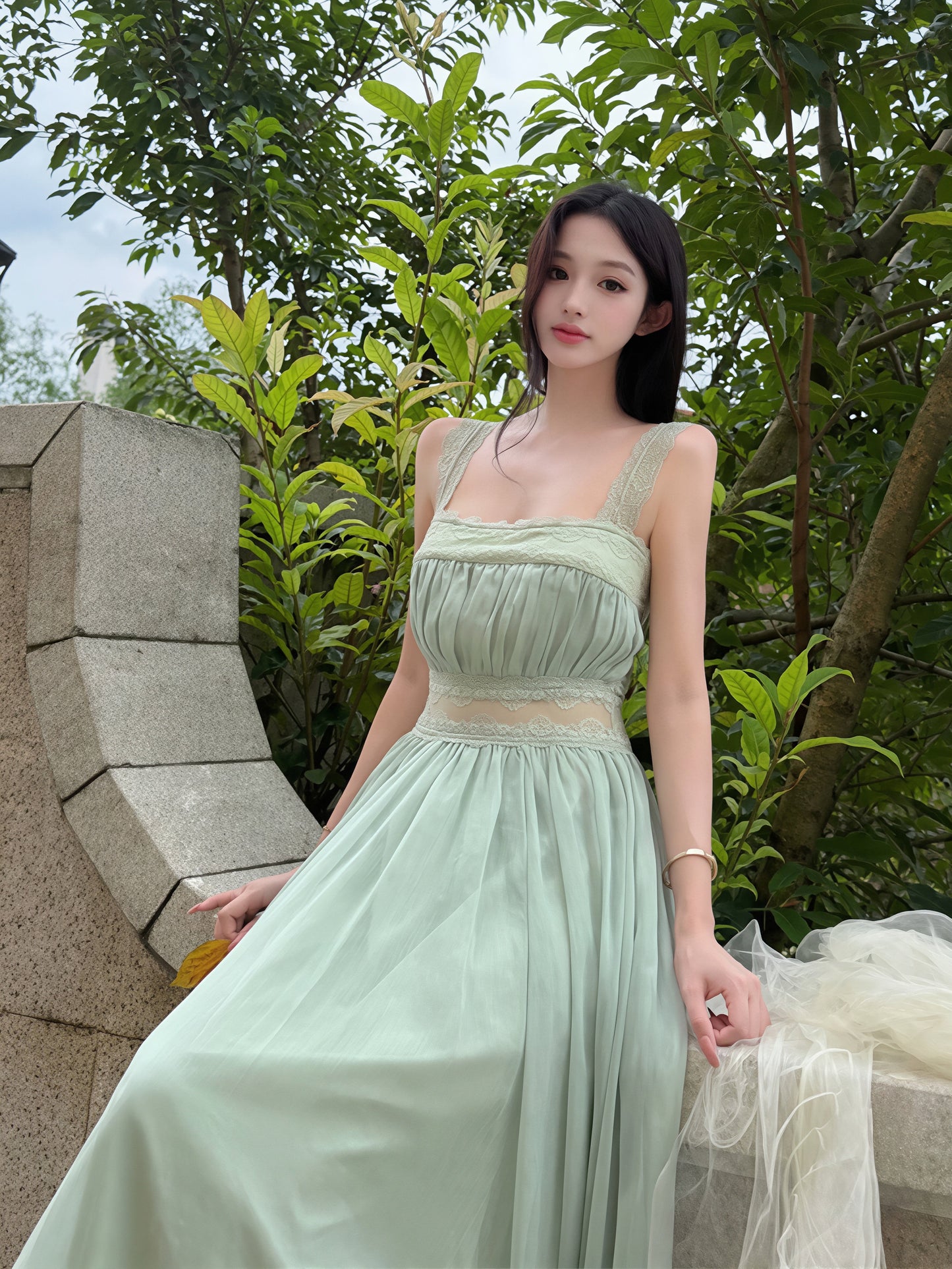 【dress】レースドッキングロングキャミワンピース Q8835