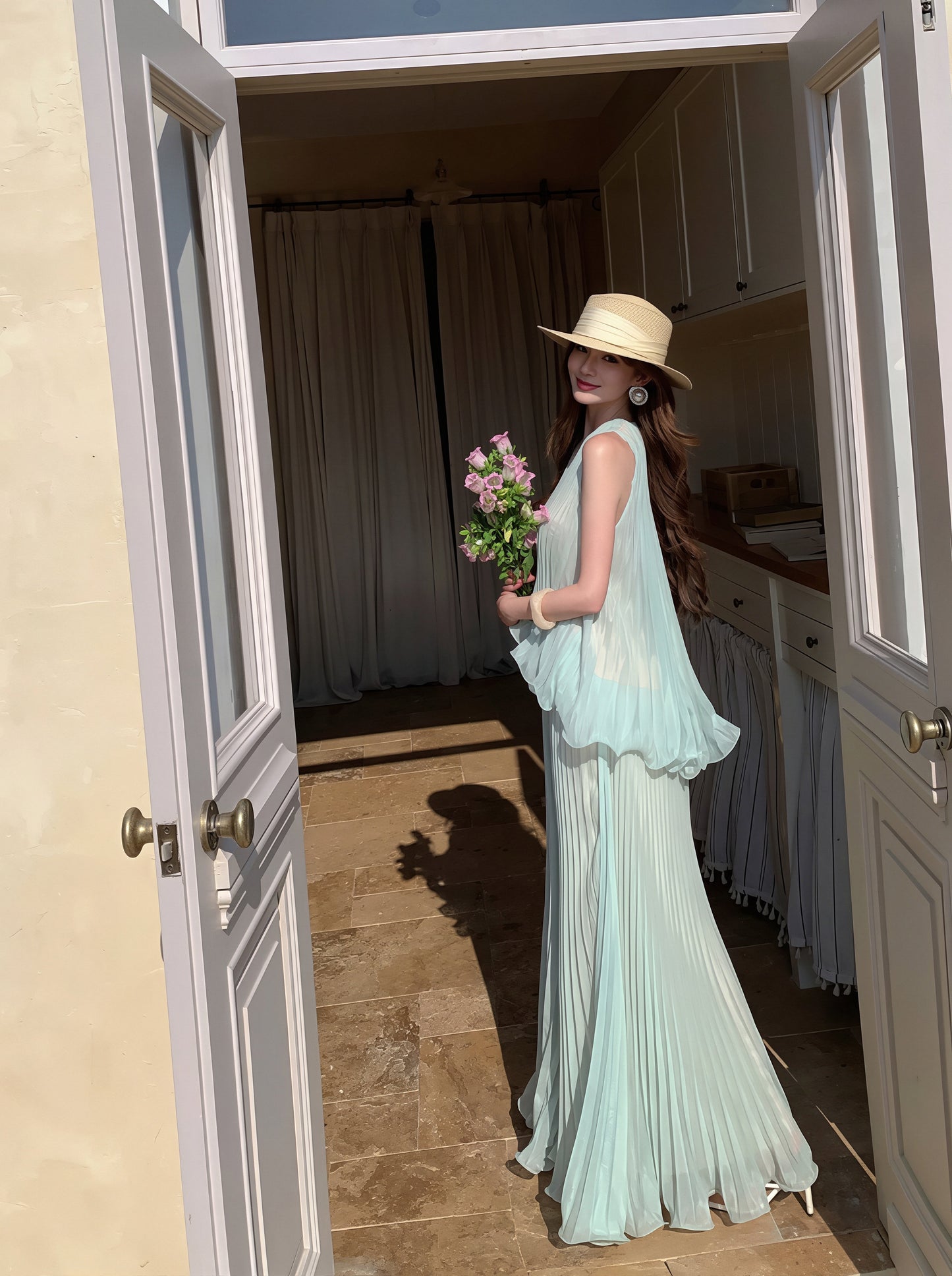 【dress】ノースリーブロングワンピース Q8729
