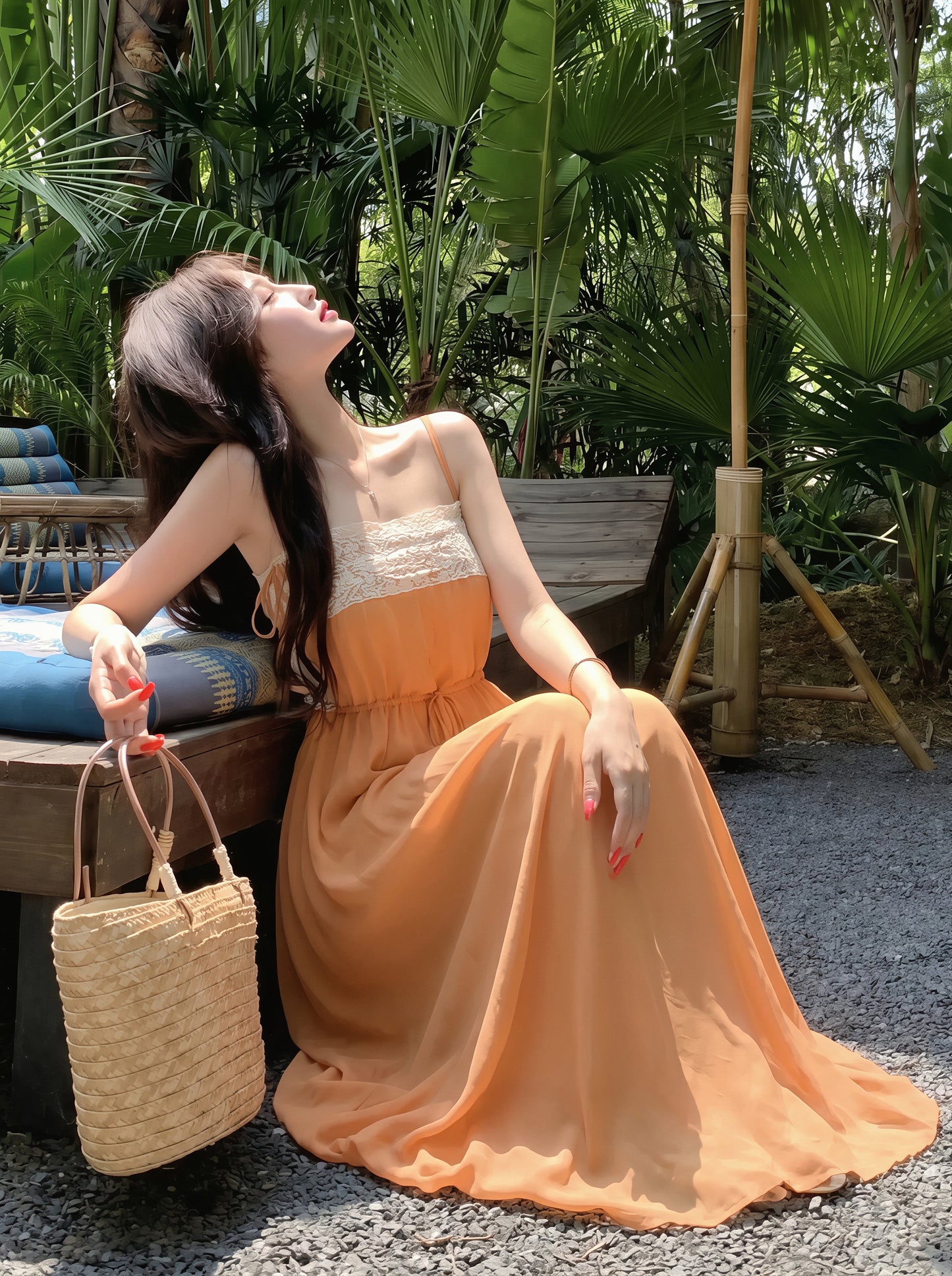 【dress】レースドッキングシフォンロングキャミワンピース Q8781