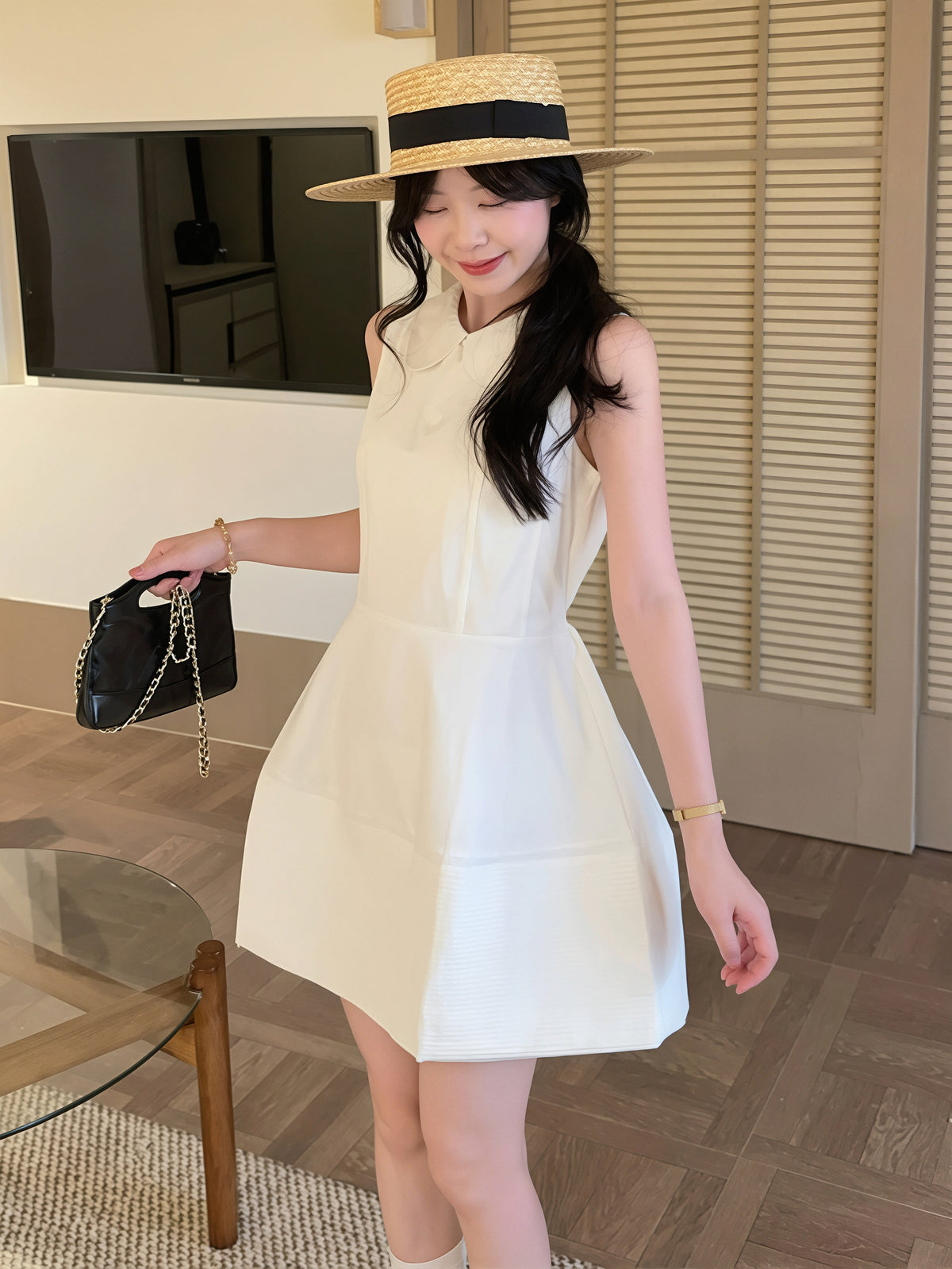 【dress】ピーターパンカラーノースリーブAラインワンピース Q8828
