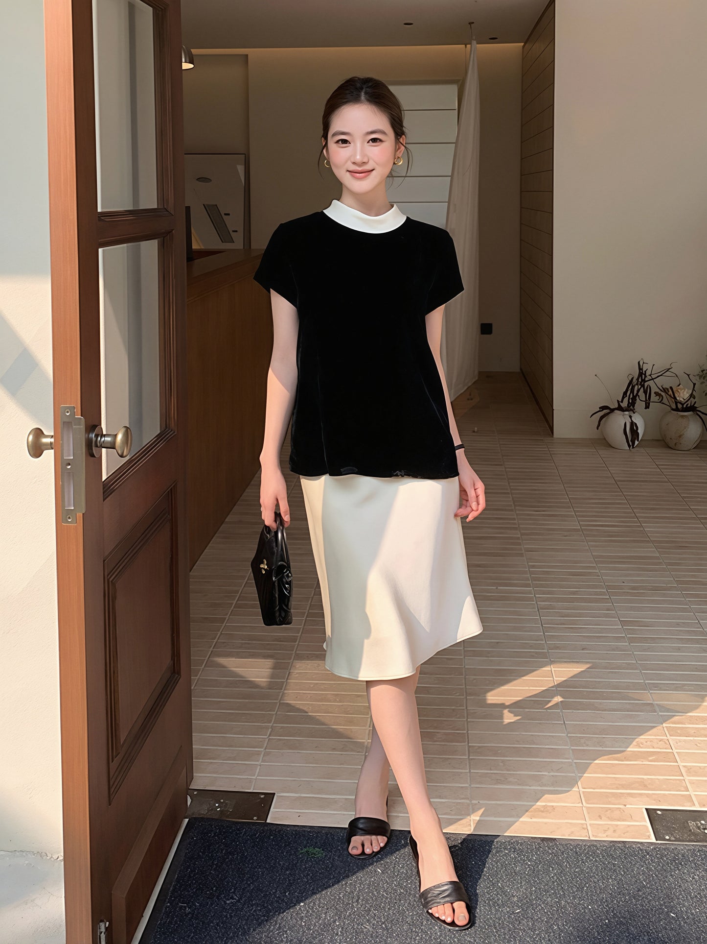 【tops】ベルベット半袖配色トップス Q8752
