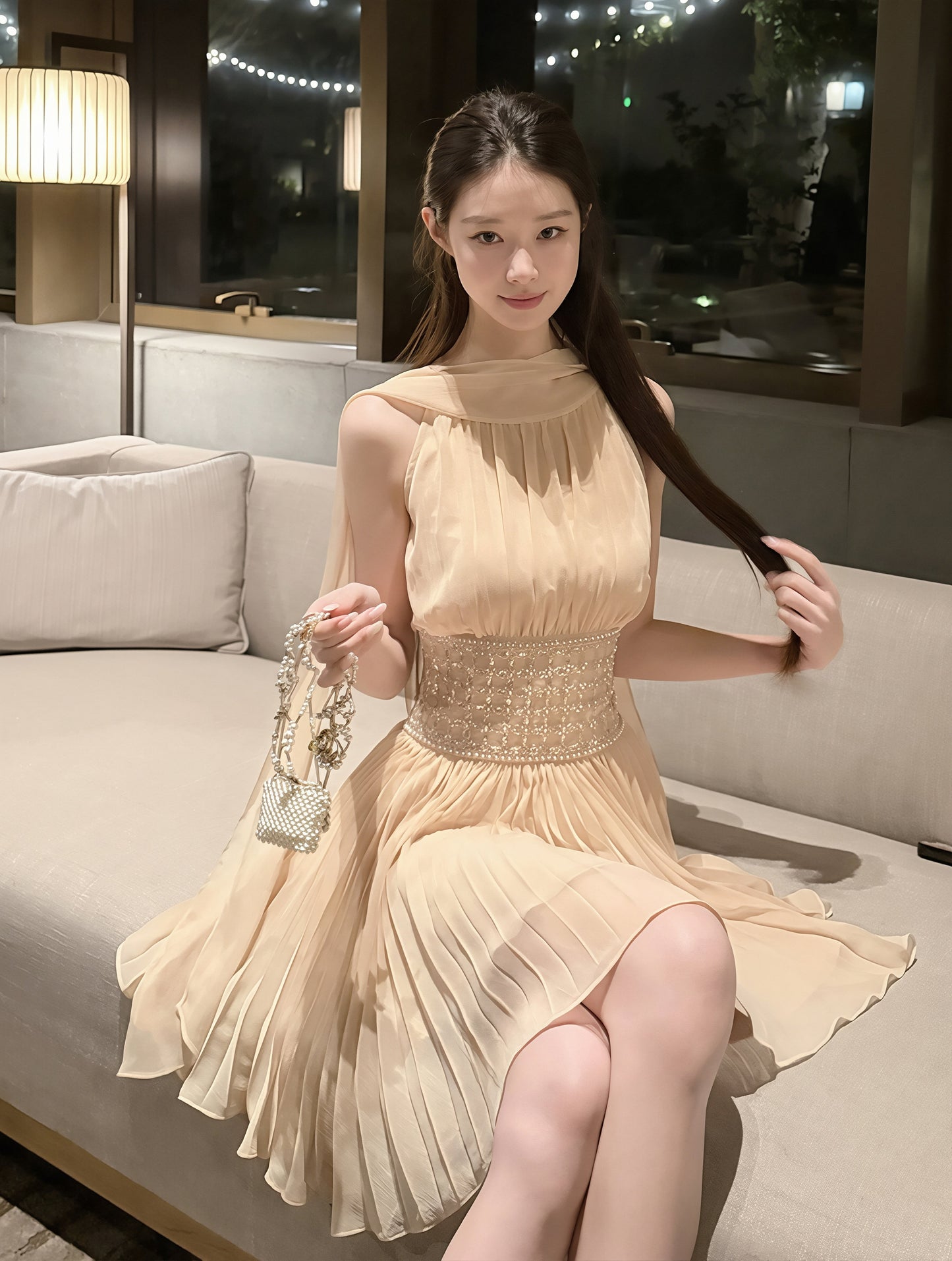 【dress】 ラインストーン付きスカーフネックワンピース Q8885