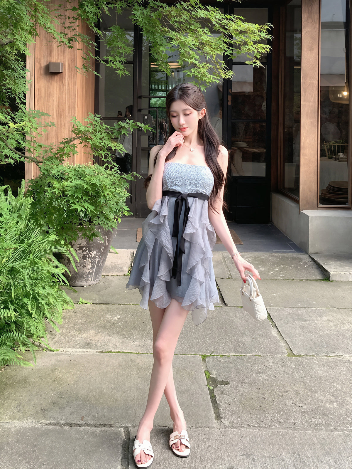 【dress】レースドッキングミニキャミワンピース Q8866