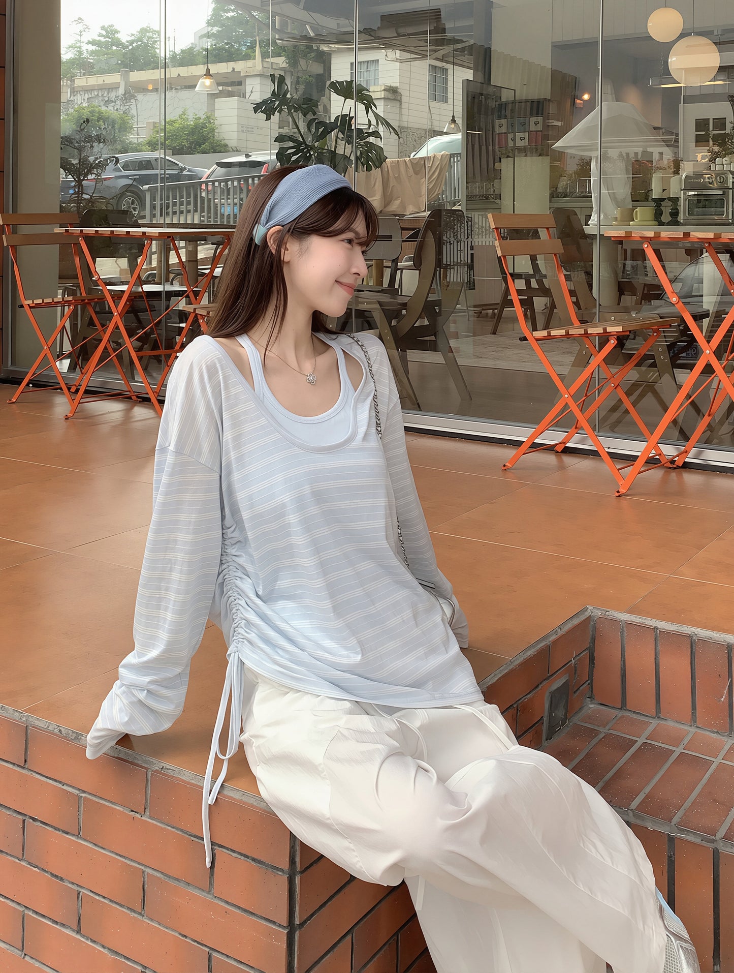 【set】ボーダー柄トップス×キャミソールセット Q8862