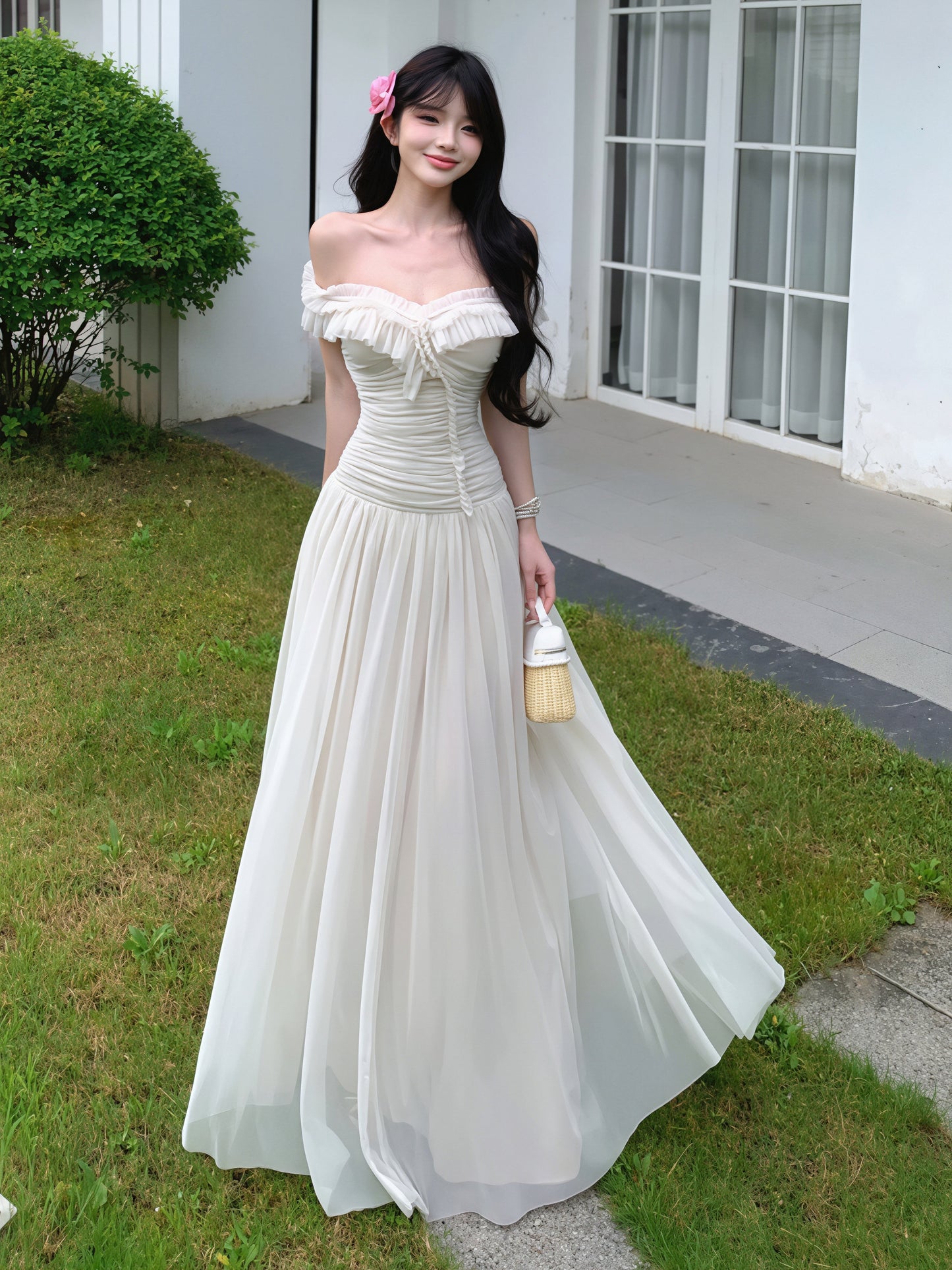 【dress】オフショルダーシアーチュールロングワンピース Q8850