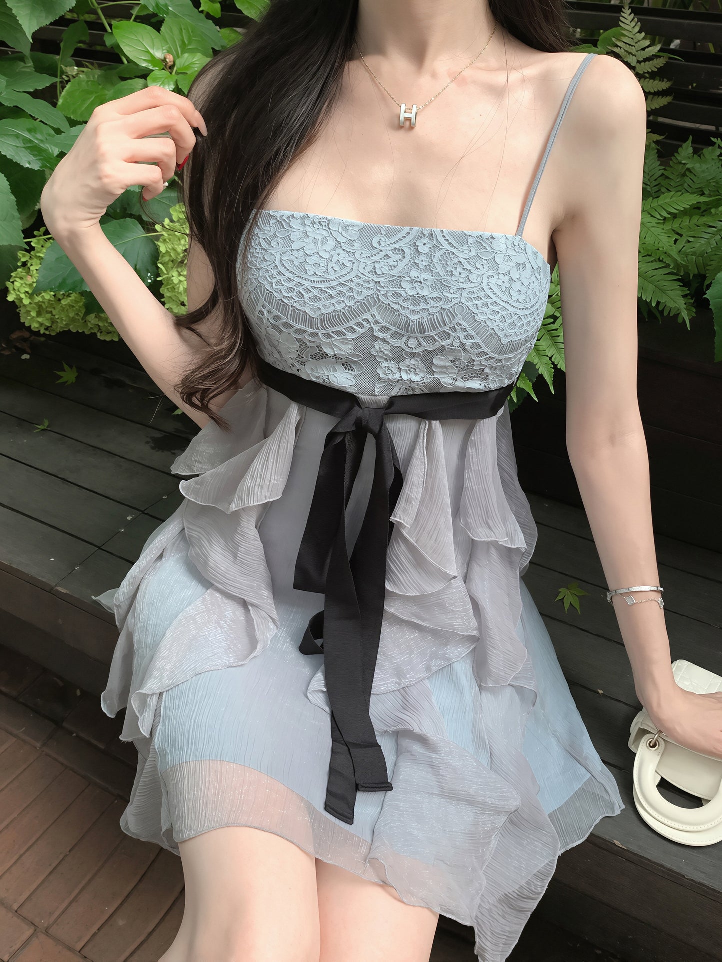 【dress】レースドッキングミニキャミワンピース Q8866