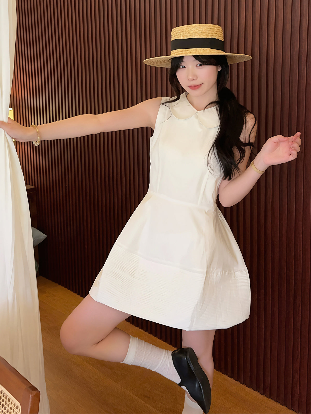 【dress】ピーターパンカラーノースリーブAラインワンピース Q8828