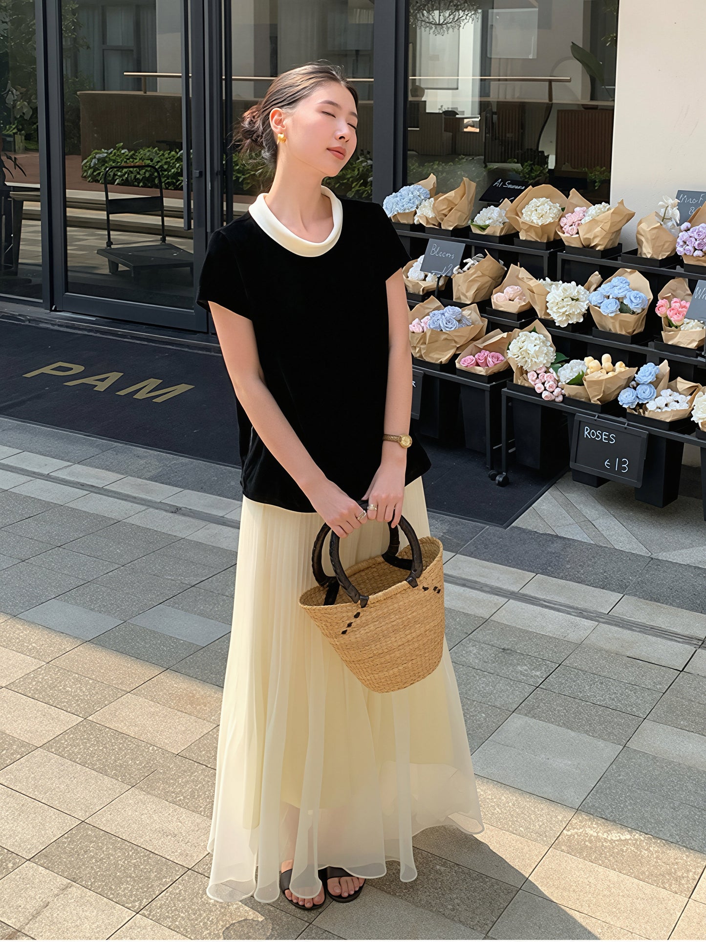 【tops】ベルベット半袖配色トップス Q8752