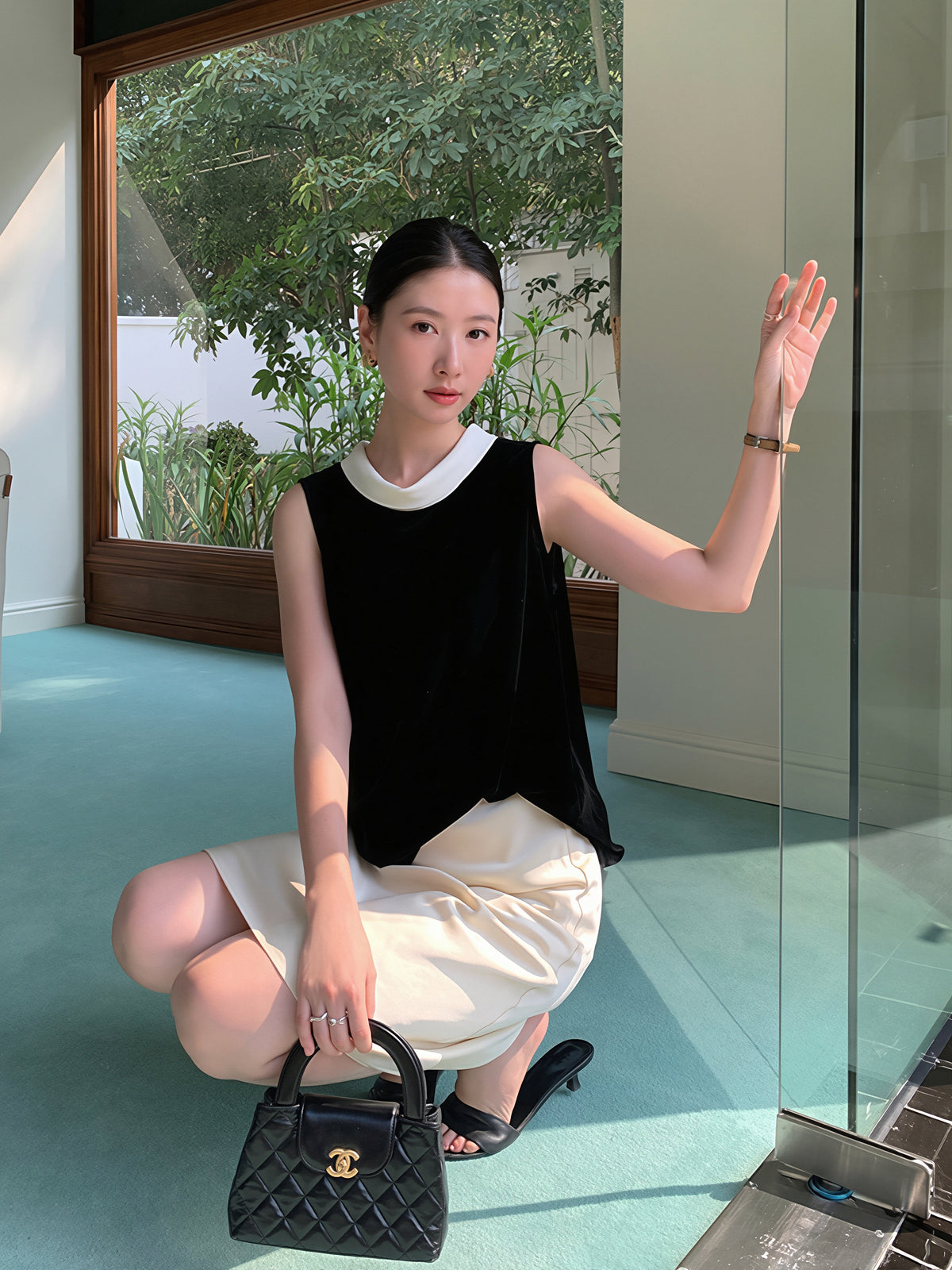 【tops】ベルベットノースリーブ配色トップス Q8751