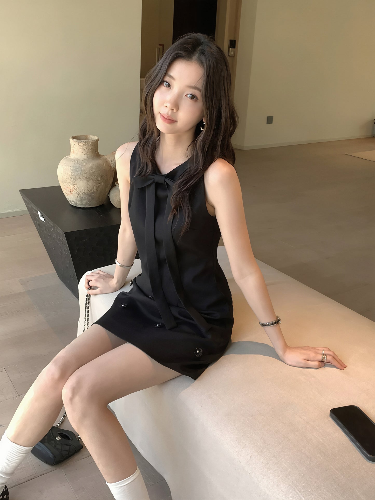 【dress】リボン付きノースリーブワンピース Q8774