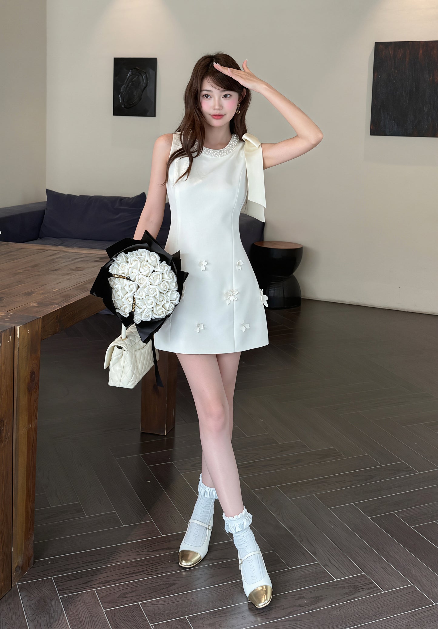 【dress】パール付きノースリーブワンピース Q8818