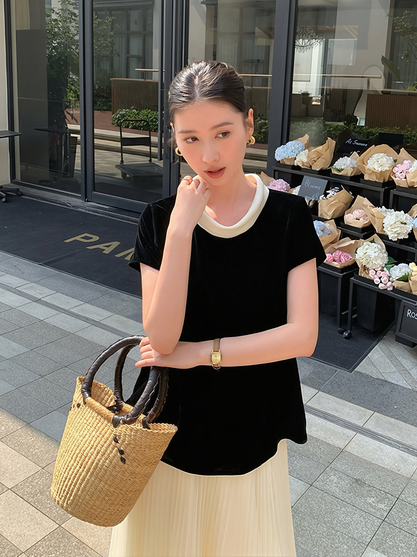 【tops】ベルベット半袖配色トップス Q8752