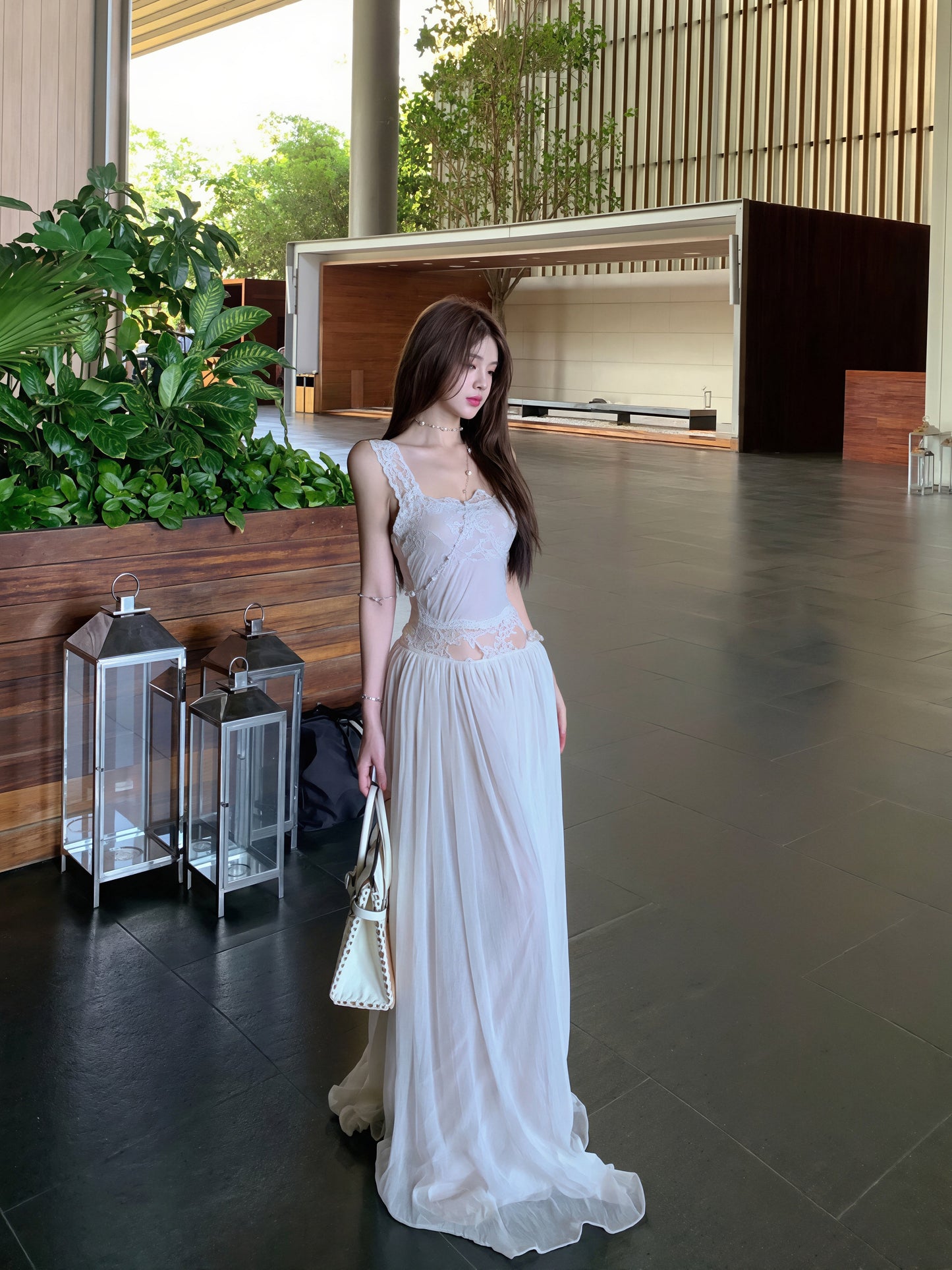 【dress】レースドッキングチュールロングワンピース Q8854