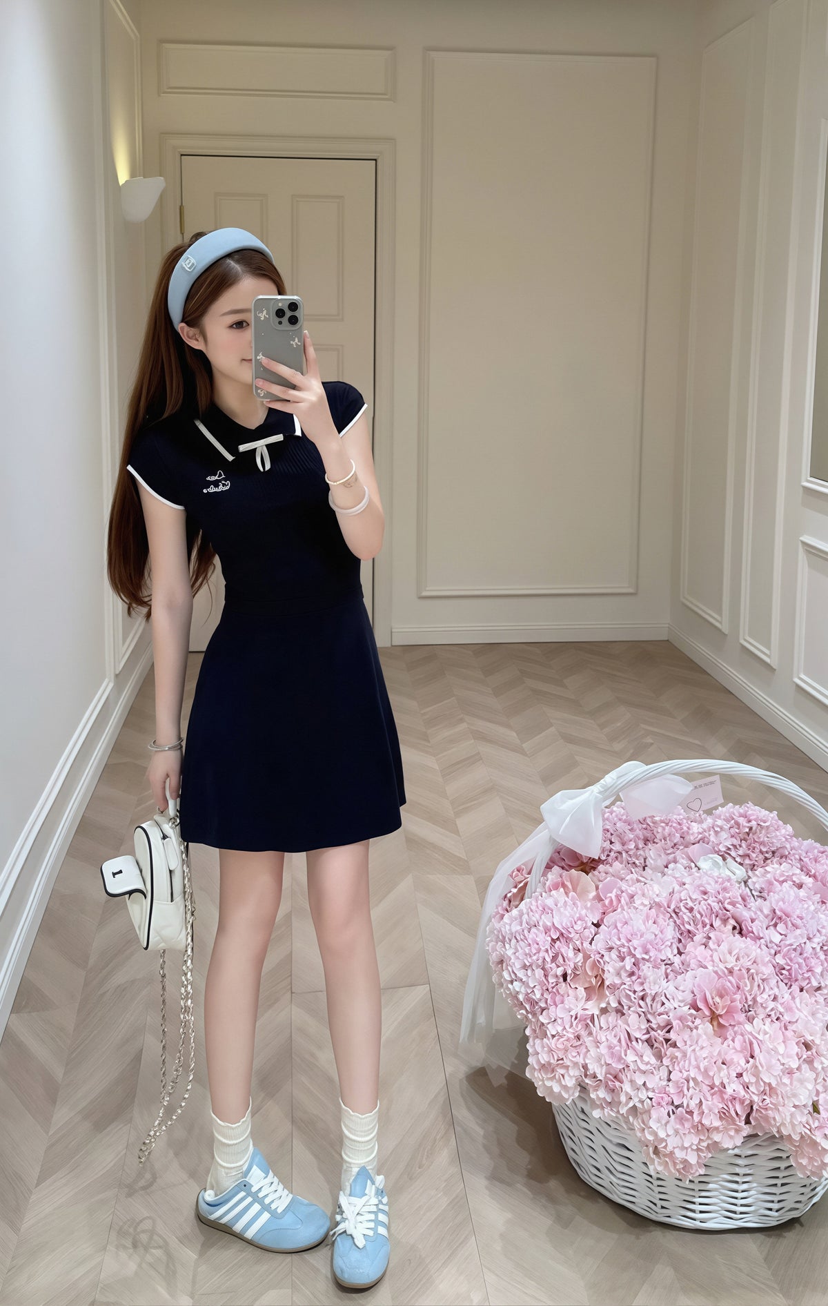 【dress】リボン付き折り襟ワンピース Q8758