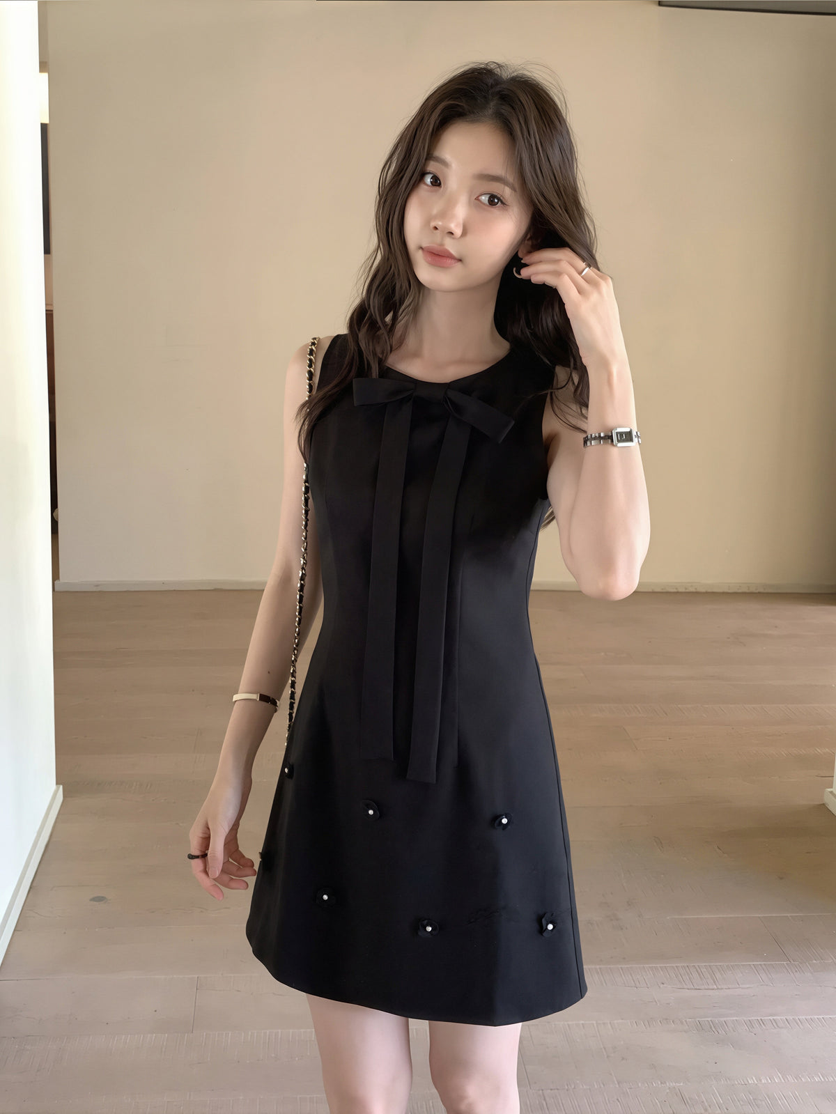 【dress】リボン付きノースリーブワンピース Q8774