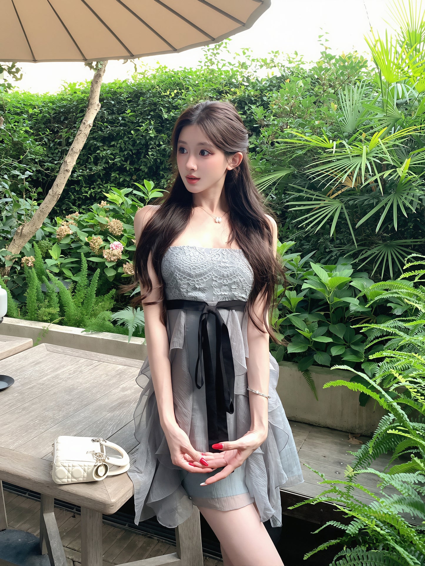 【dress】レースドッキングミニキャミワンピース Q8866
