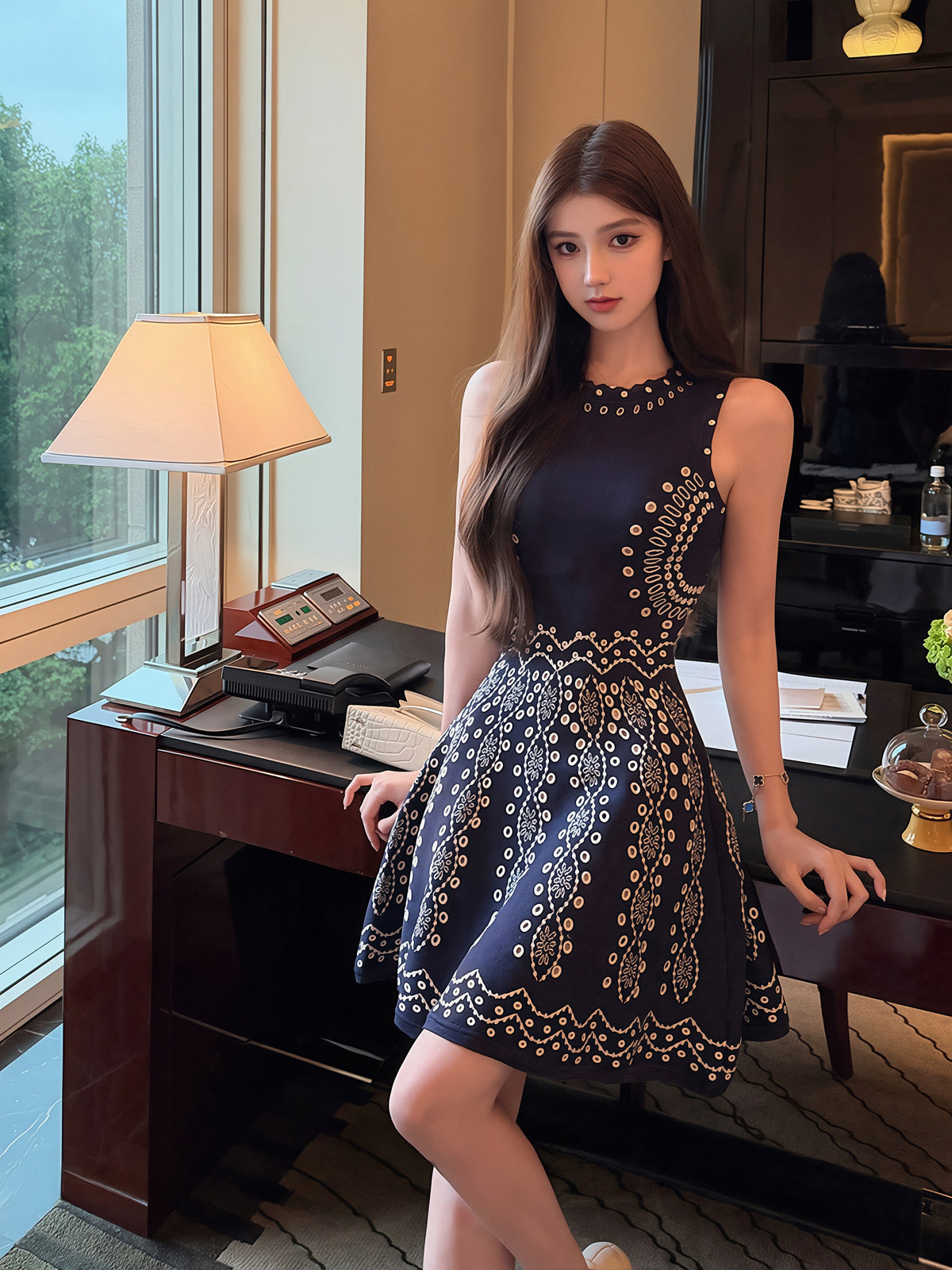 【dress】ノースリーブ刺繍柄ワンピース Q8869