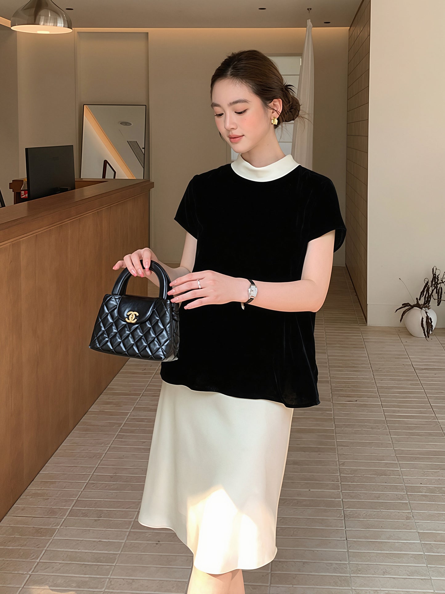 【tops】ベルベット半袖配色トップス Q8752